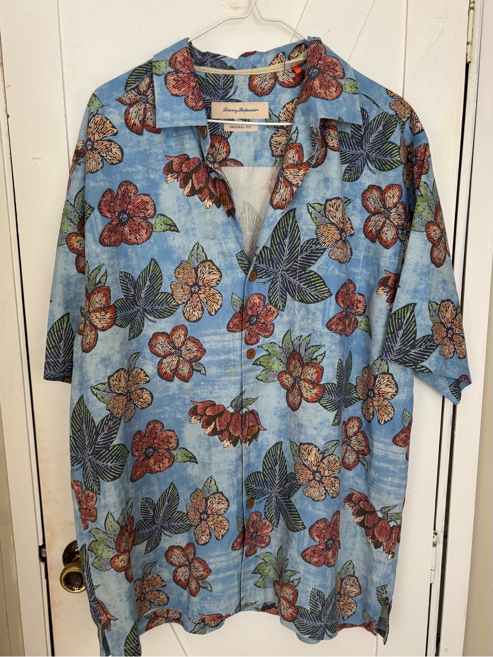 Tommy Bahama 100% Silk Floral Hawaiian Shirt Men’s Large Blue Original Fit